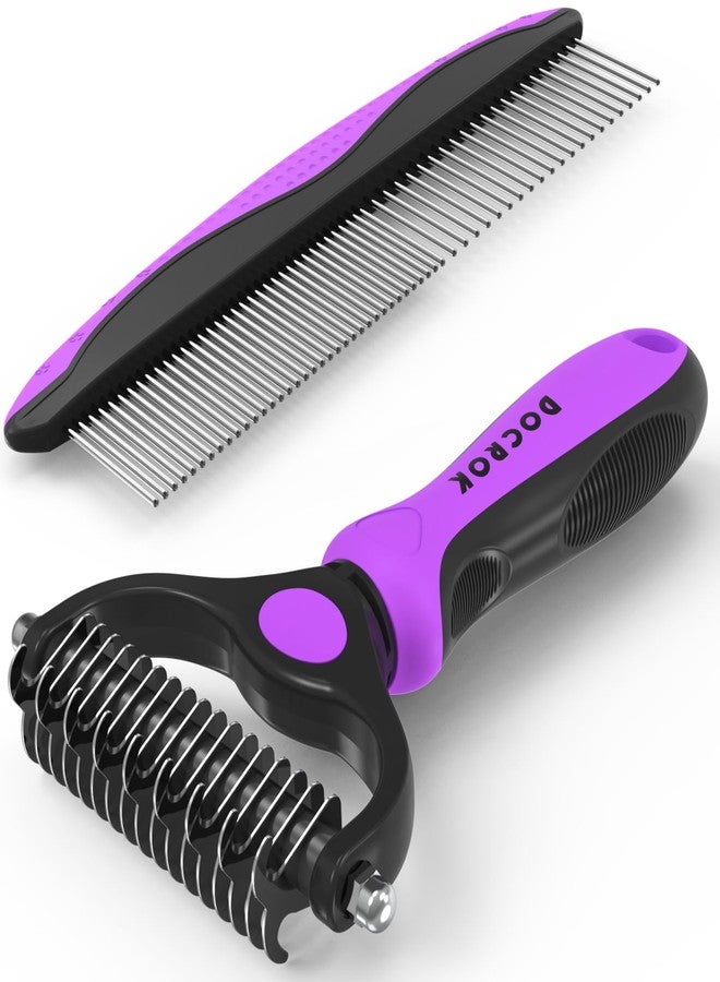 Docrok Pet Grooming Brush and Metal Comb Combo - Undercoat Rake for Dematting and Deshedding Long Matted Haired Dogs and Cats, Purple - Image 1